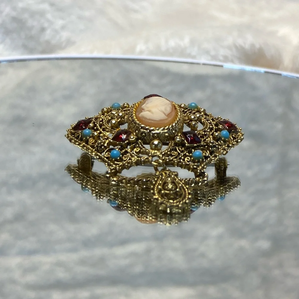 Vintage Crown FLORENZA BROOCH CARVED SHELL CAMEO with Garnet and Turquoise Glass